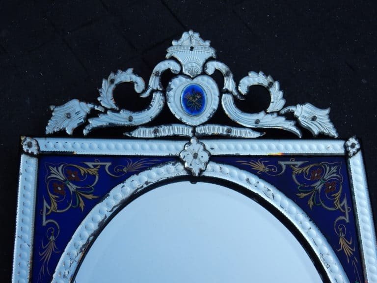 1880/1900' Miroir Venise Rectangulaire à Fronton Avec Cadre En Verre Orné De Fleurs Emaillées-photo-2