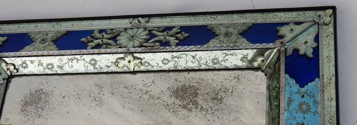 1970/80 Pair Of Venice Mirrors Louis 14 Style With Blue Glass Ornaments 96 X 77 Cm-photo-4