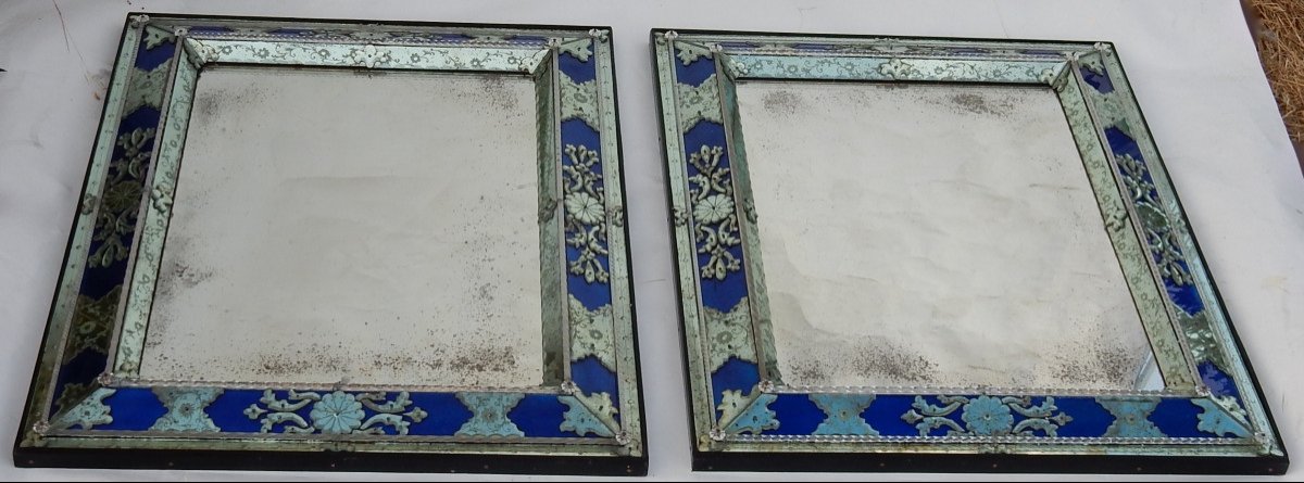 1970/80 Paire De Miroirs Venise Style Louis 14 Avec Ornements En Verre Bleu 96 X 77 Cm