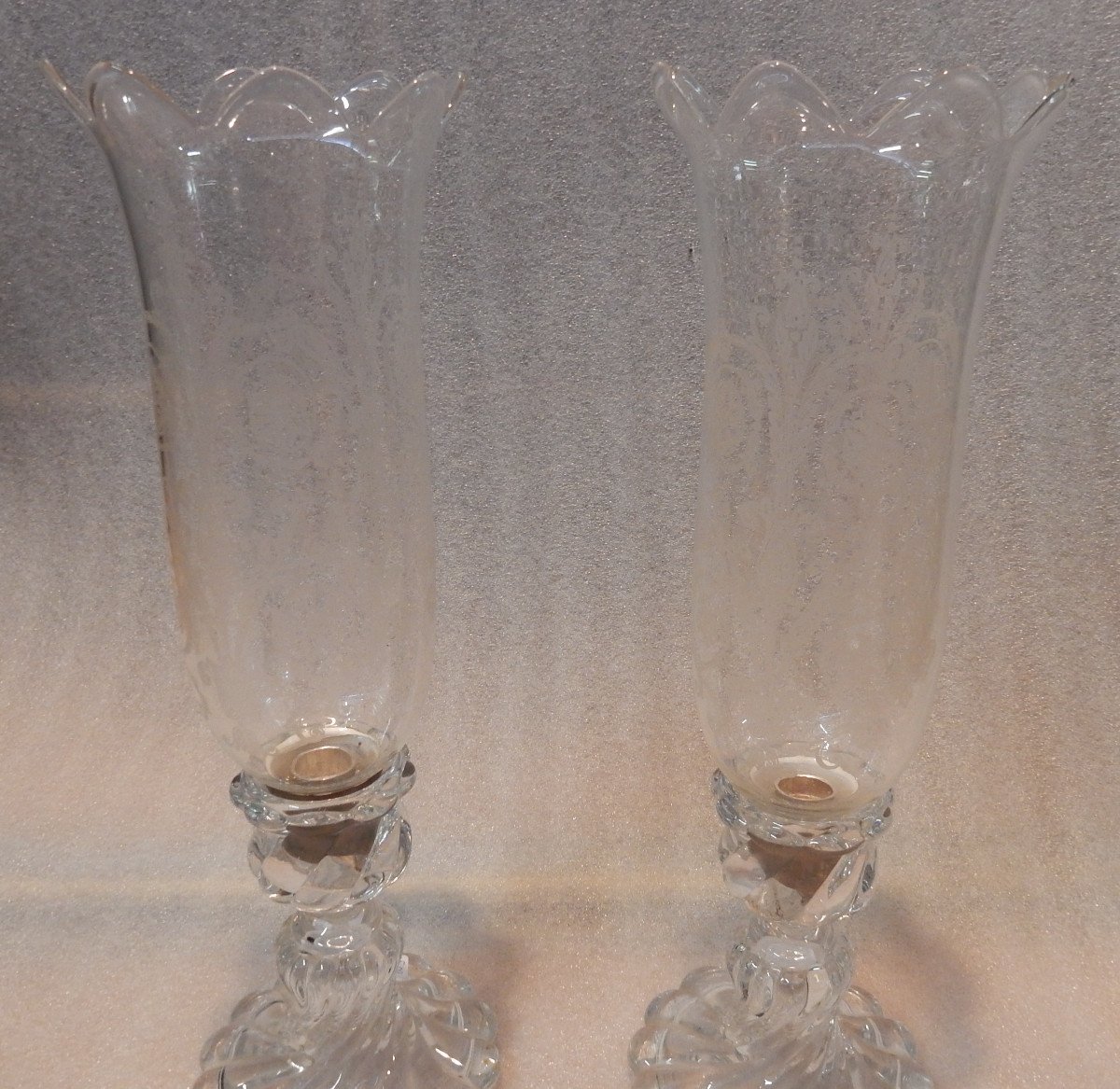 1950/70 Paire De Bougeoirs En Cristal Photophores Baccarat Modèle Tors Signés-photo-2