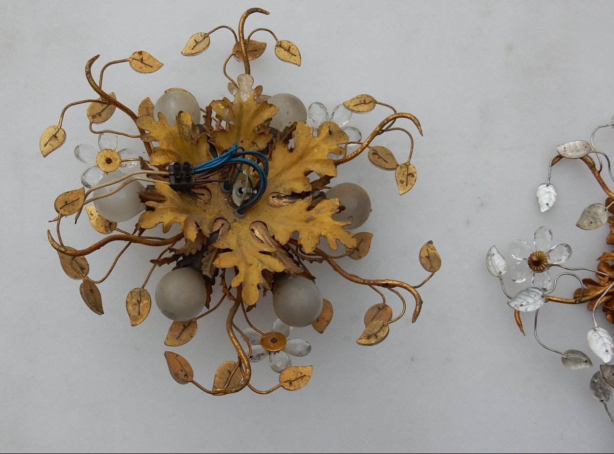 1970 ′ Pair Of 2 Ceiling Lights Decorated With Flowers And Metal Leaves Glass Leaves-photo-4