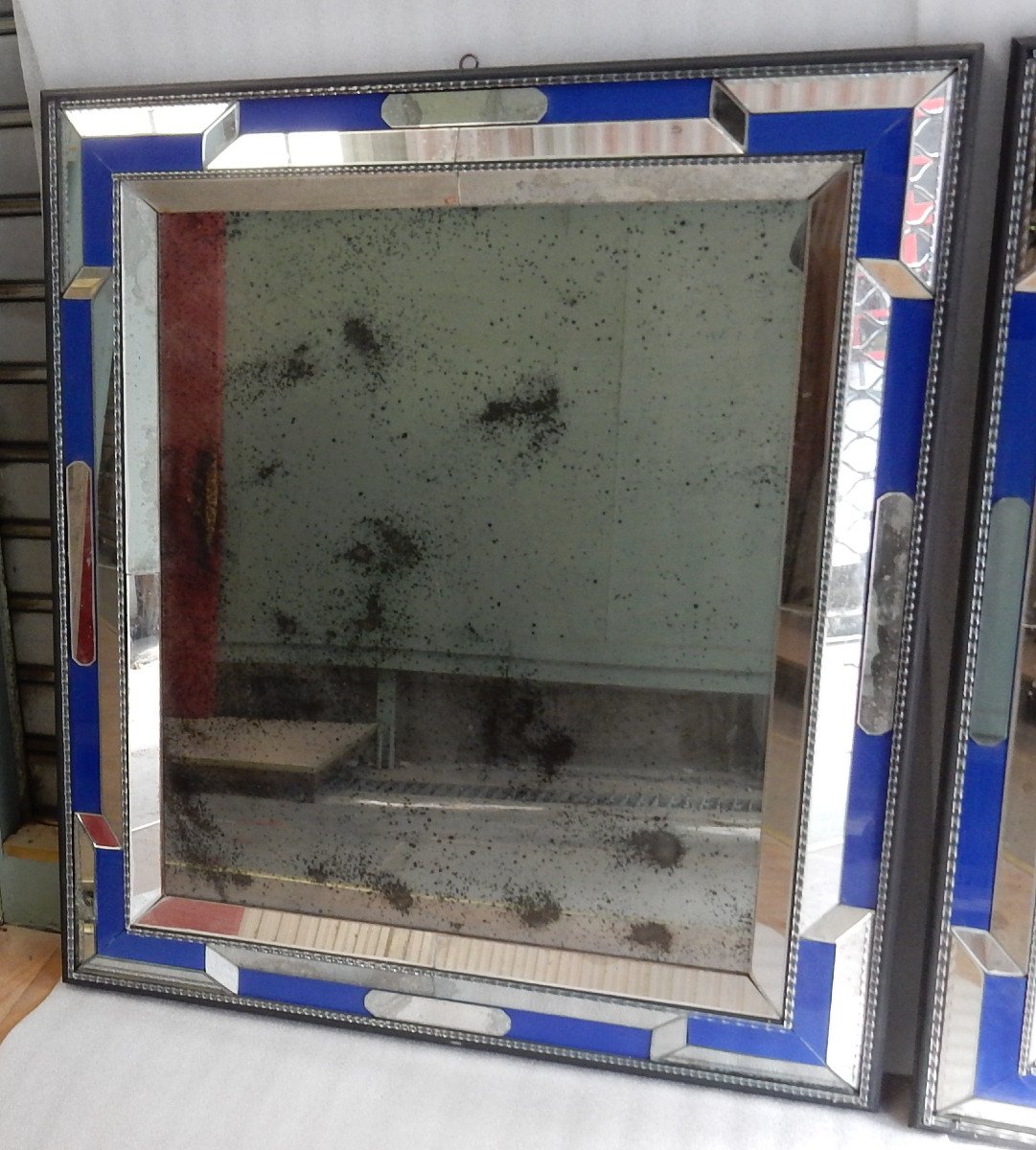 1970/80 Paire De Miroirs Venise Style Louis 14 Avec Ornements En Verre Bleu 112 X 95 Cm-photo-2