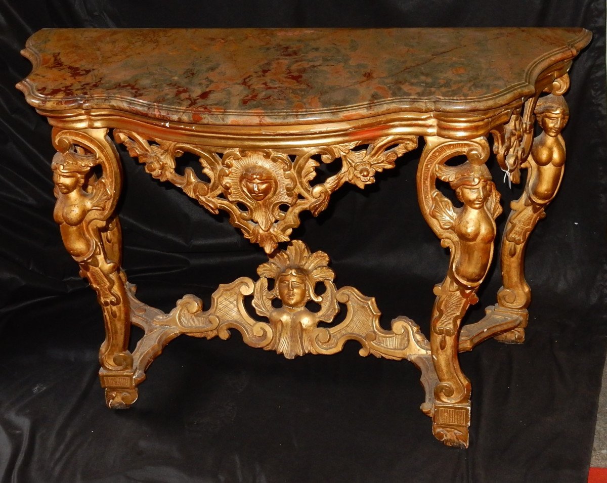 1850′ Console Italienne 19ème En Bois Doré D’Époque Aux Puttis