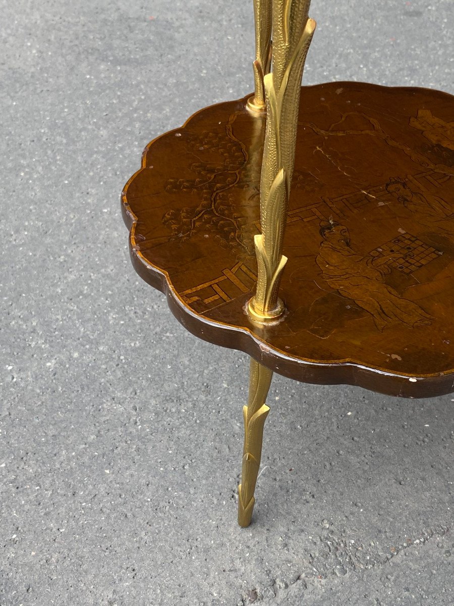 1950/70 ′ Maison Baguès Pedestal Table Bronze Palm Tree Decor, Chinese Lacquer Trays D: 34.5xh: 58 Cm-photo-3