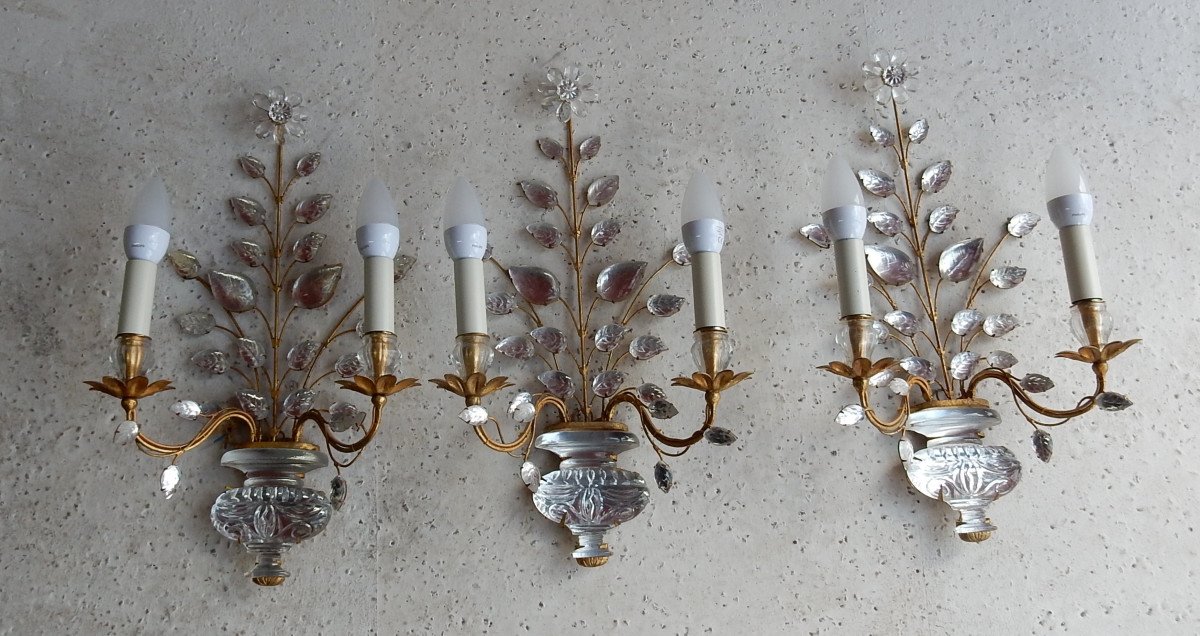 1970 ′ Series Of 3 Sconces In La Marguerite - Maison Baguès - H 48 Cm-photo-7