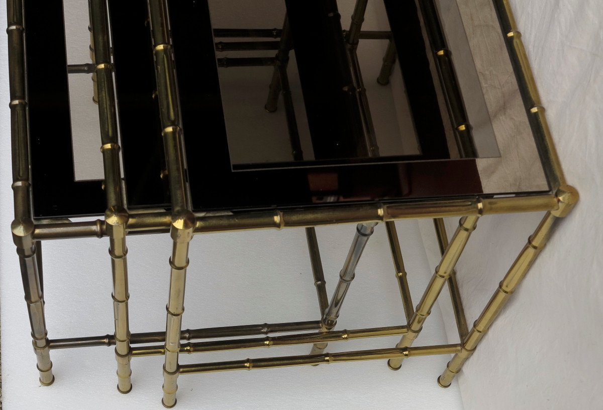 Series Of 3 Nesting Tables Adnet Jacques Gilt Bronze Trays Mirrors Frames Bamboo Model-photo-2