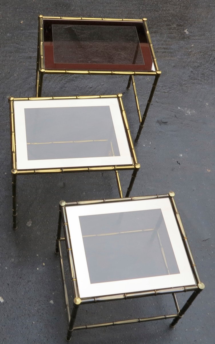 Série De 3 Tables Gigognes Adnet Jacques Bronze Doré Plateaux Cadres Miroirs Modèle Bambou-photo-4