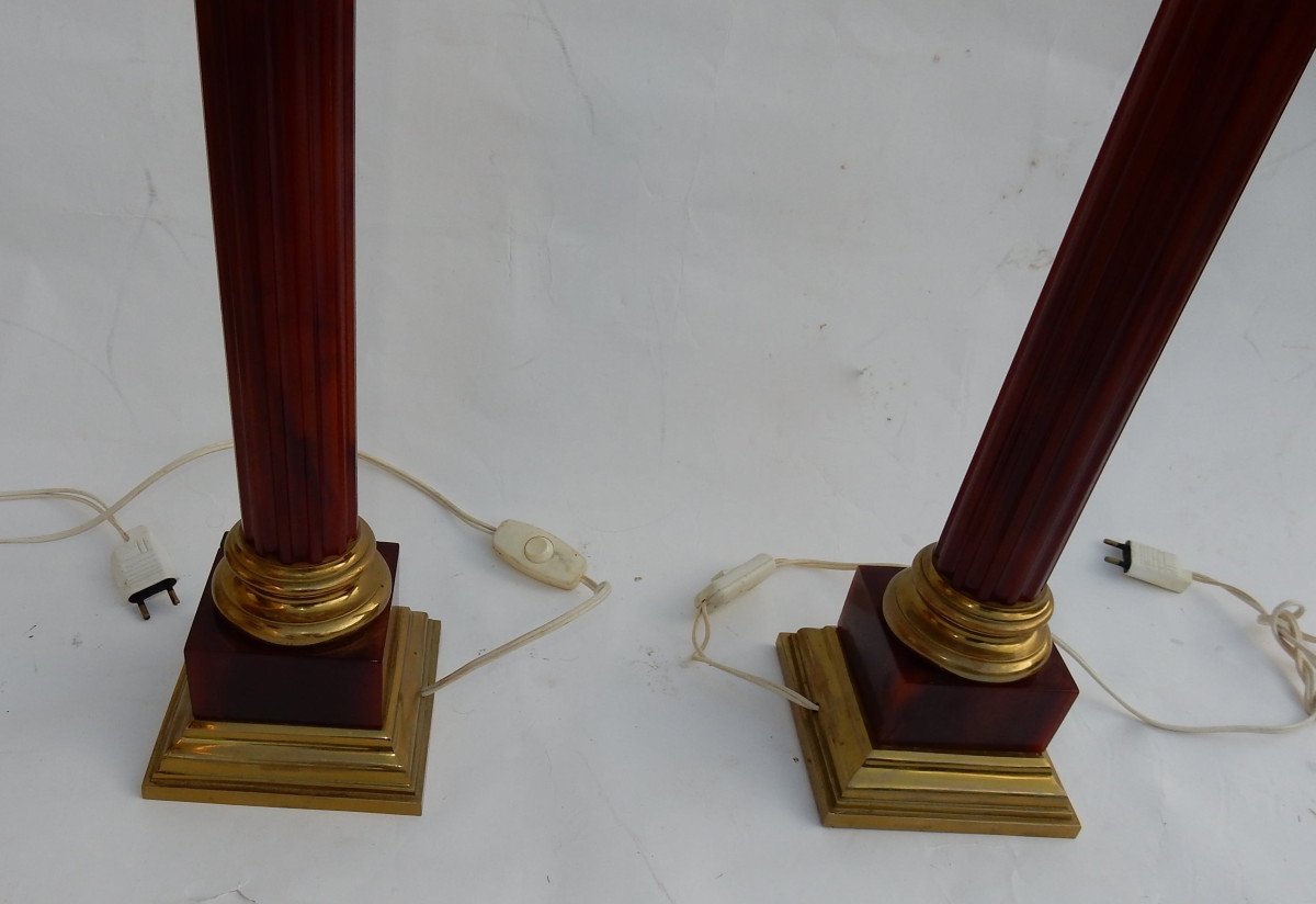 1950/70 Pair Of Maison Jansen Lamps, Brass And Bakelite, Amber Color-photo-1