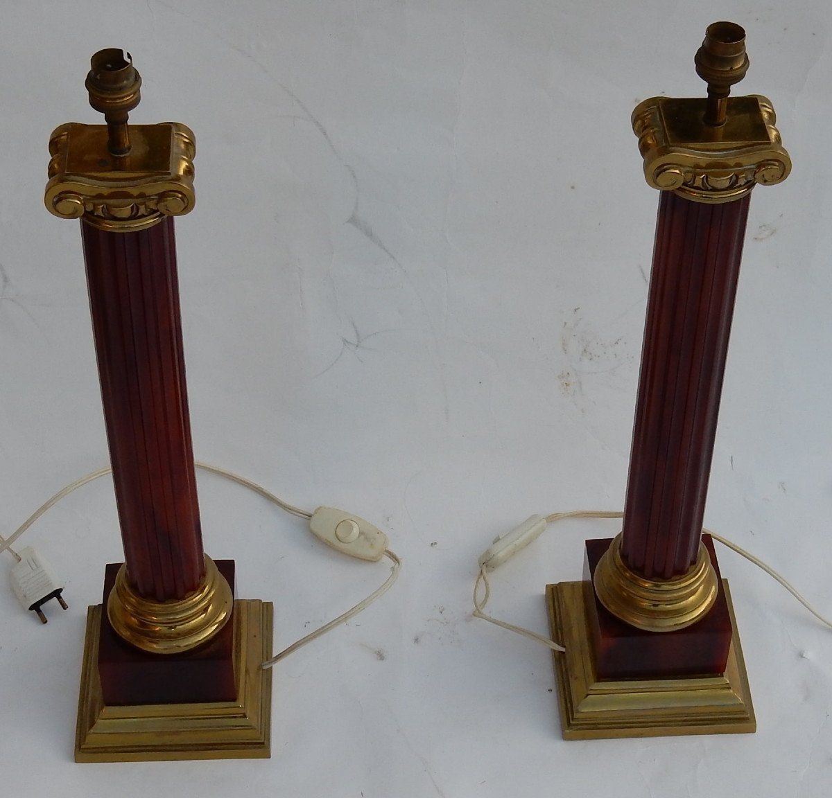 1950/70 Pair Of Maison Jansen Lamps, Brass And Bakelite, Amber Color