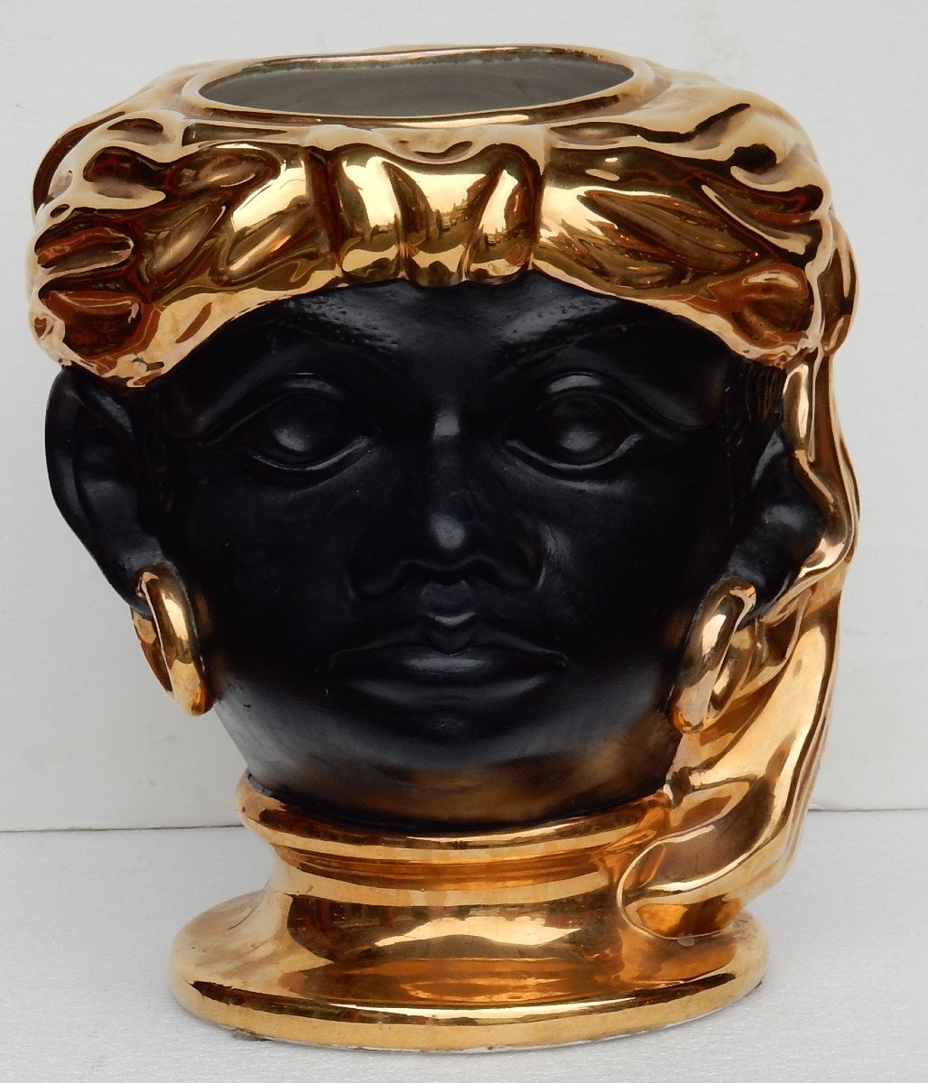 1950/70 ′ Ceramic Cache Pot With Nubian Head Decor-photo-3