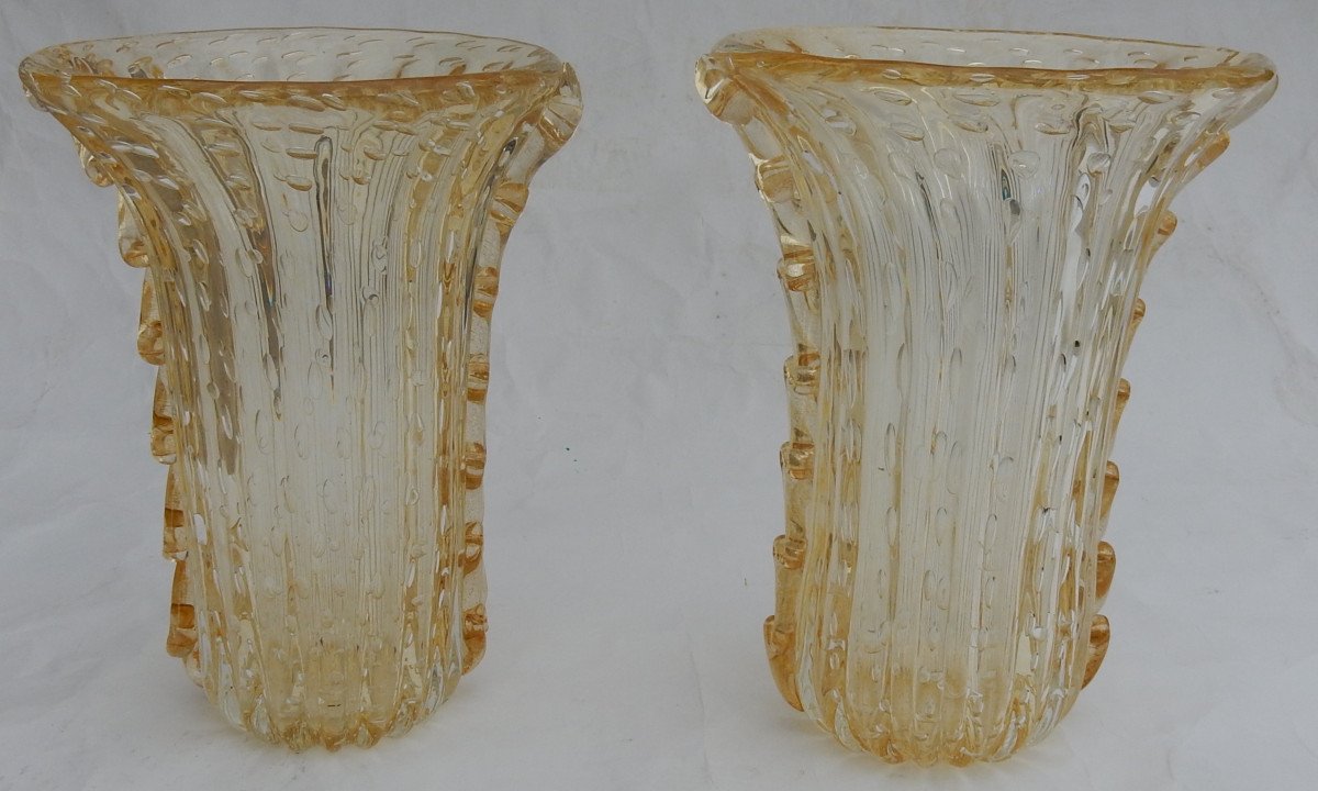 1970′ 1970′ Paire Ou Similaires De Vases, Cristal Murano Avec Paillons D’or, Signés Murano Toso-photo-2