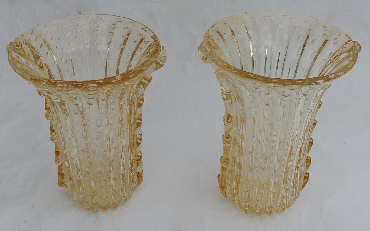 1970 ′ 1970 ′ Pair Or Similar Vases, Murano Crystal With Gold Paillons, Signed Murano Toso-photo-3