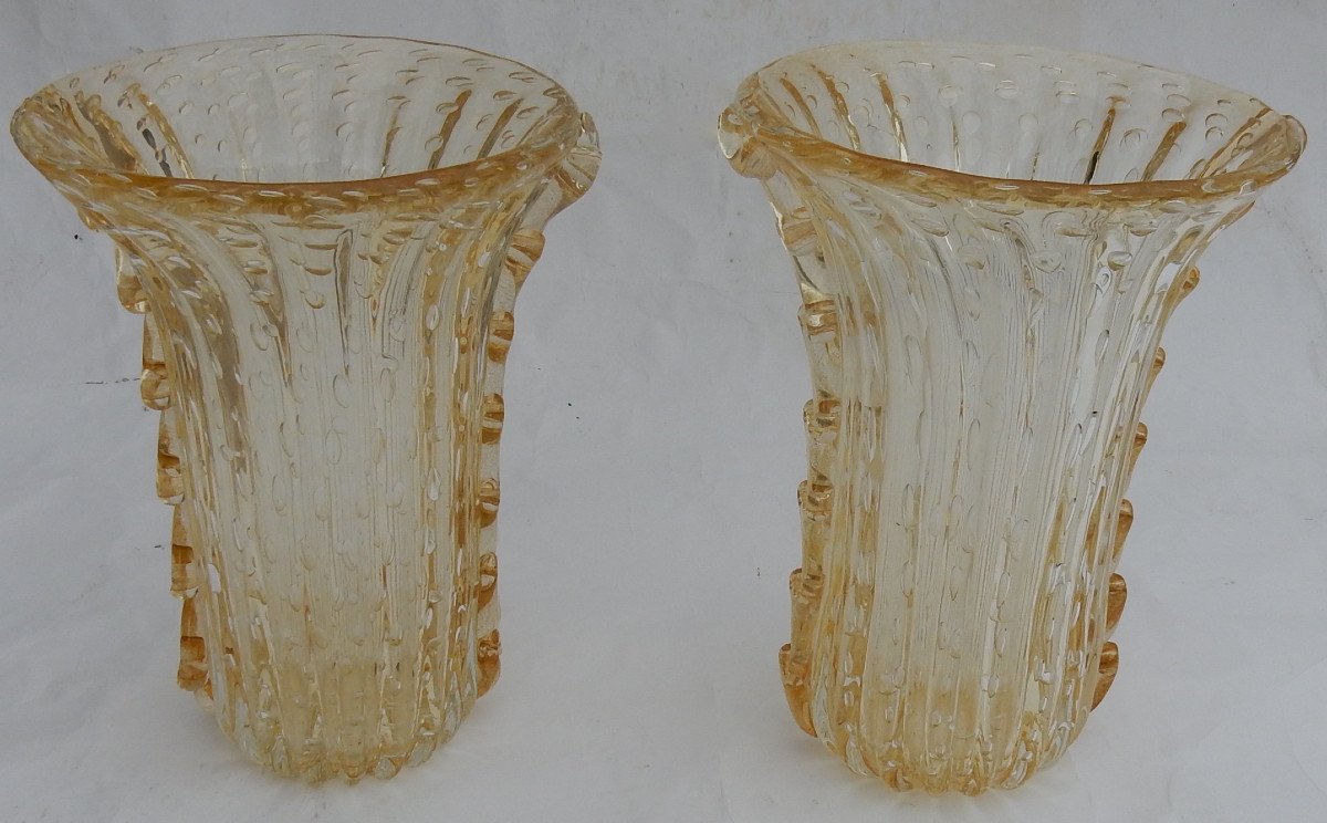 1970 ′ 1970 ′ Pair Or Similar Vases, Murano Crystal With Gold Paillons, Signed Murano Toso