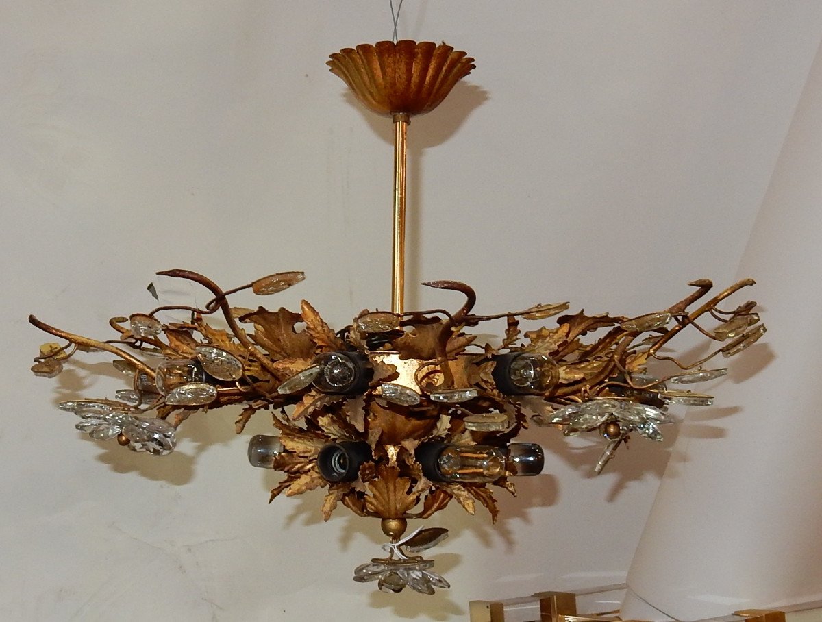 1970 ′ Ceiling Light Decor Of Flowers And Leaves In Golden Metal Dlg Maison Baguès Glass Leaves-photo-2