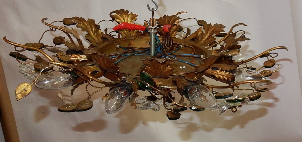 1970′ Plafonnier Décor De Fleurs Et Feuilles En Métal Doré Dlg Maison Baguès Feuilles En Verre-photo-3