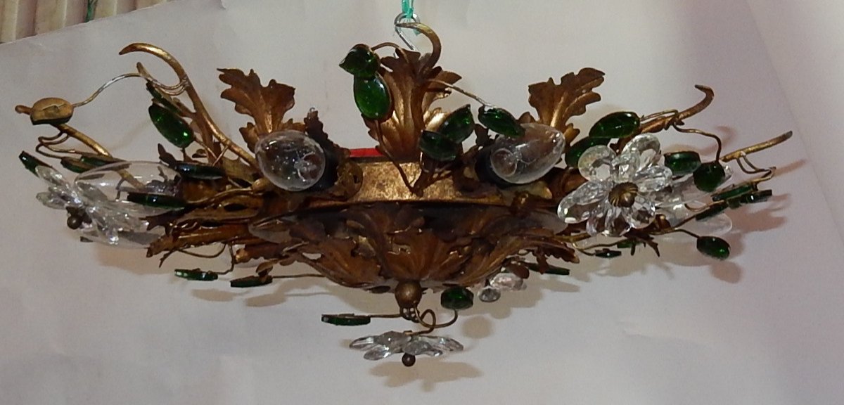 1970 ′ Ceiling Light Decor Of Flowers And Leaves In Golden Metal Dlg Maison Baguès Glass Leaves-photo-4