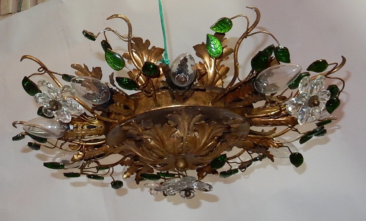 1970′ Plafonnier Décor De Fleurs Et Feuilles En Métal Doré Dlg Maison Baguès Feuilles En Verre-photo-2