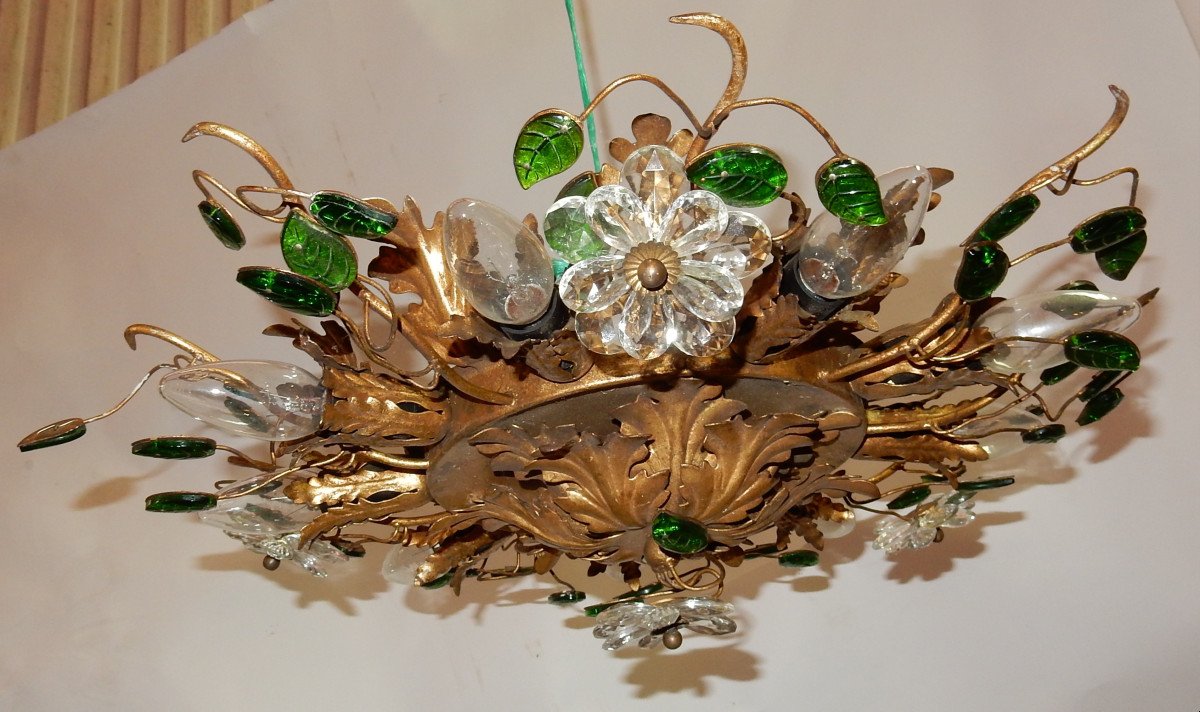1970 ′ Ceiling Light Decor Of Flowers And Leaves In Golden Metal Dlg Maison Baguès Glass Leaves-photo-3