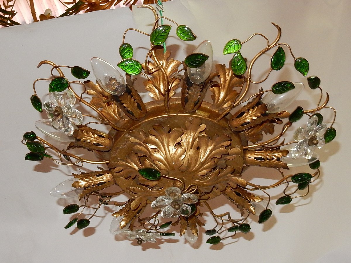 1970 ′ Ceiling Light Decor Of Flowers And Leaves In Golden Metal Dlg Maison Baguès Glass Leaves-photo-5