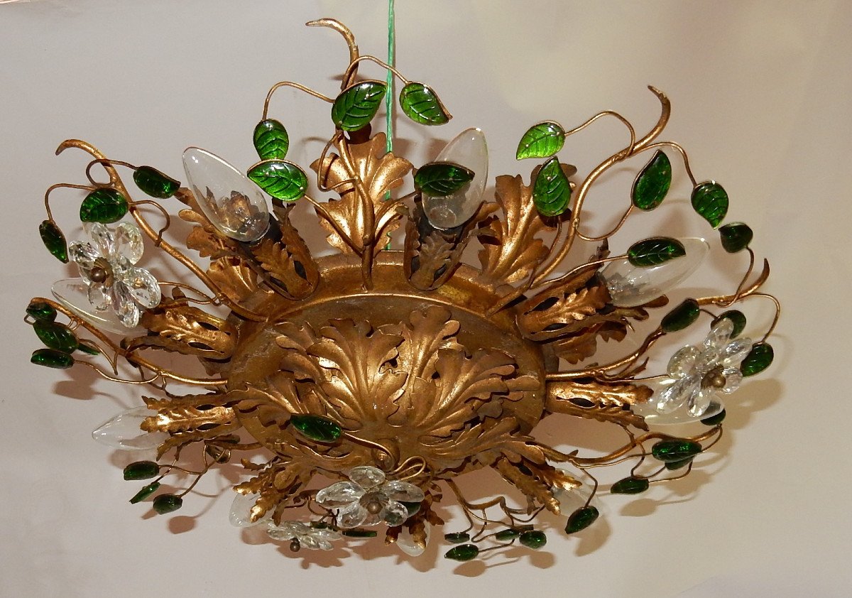 1970 ′ Ceiling Light Decor Of Flowers And Leaves In Golden Metal Dlg Maison Baguès Glass Leaves