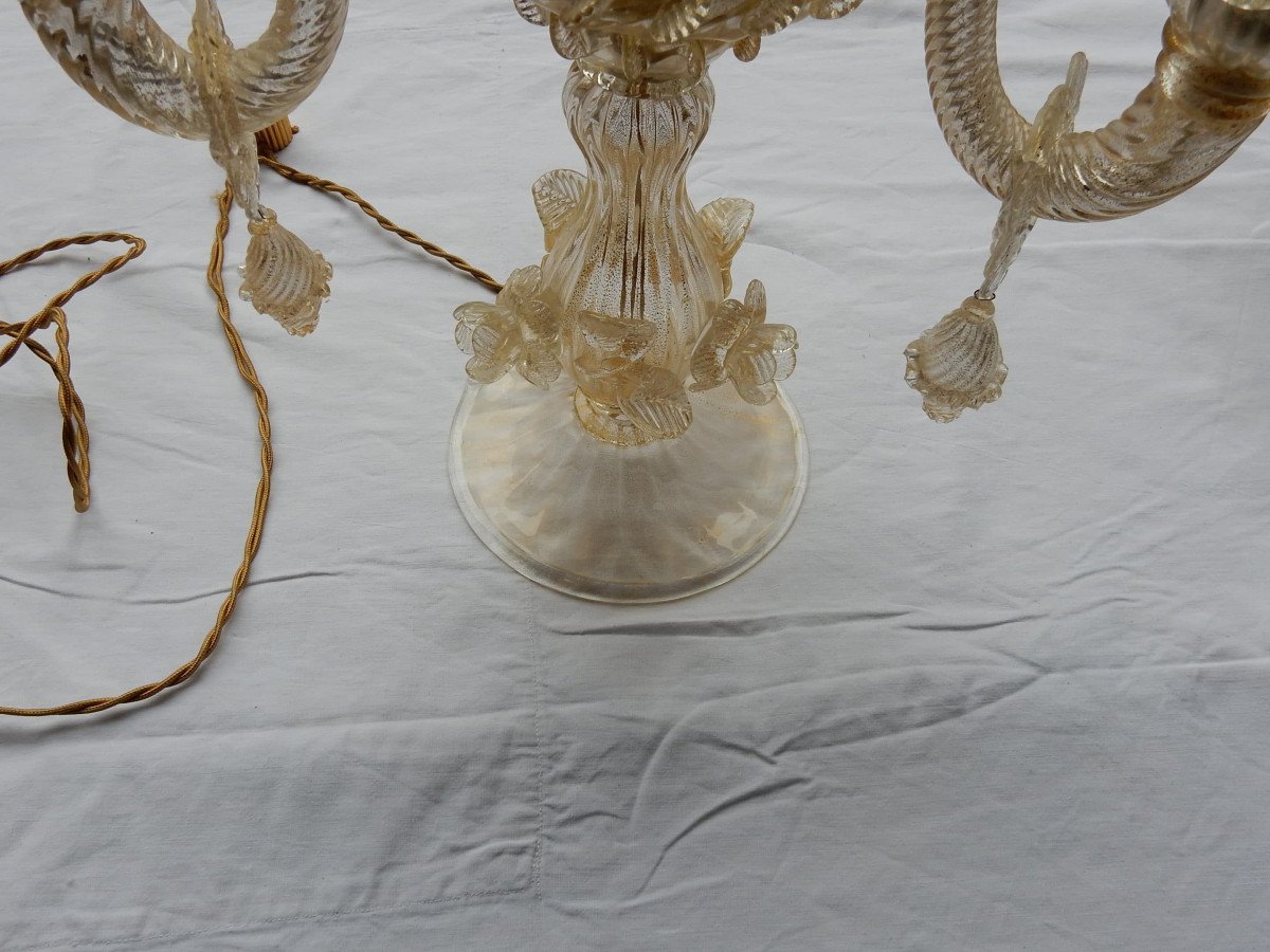 1950/70 ′ Murano Crystal Chandelier With Gold Leaves-photo-3