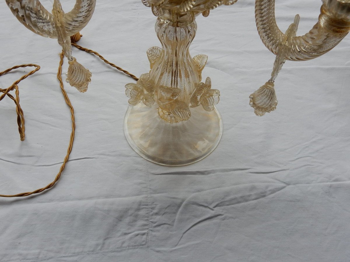 1950/70′ Chandelier En Cristal Murano à Feuilles D’or-photo-3