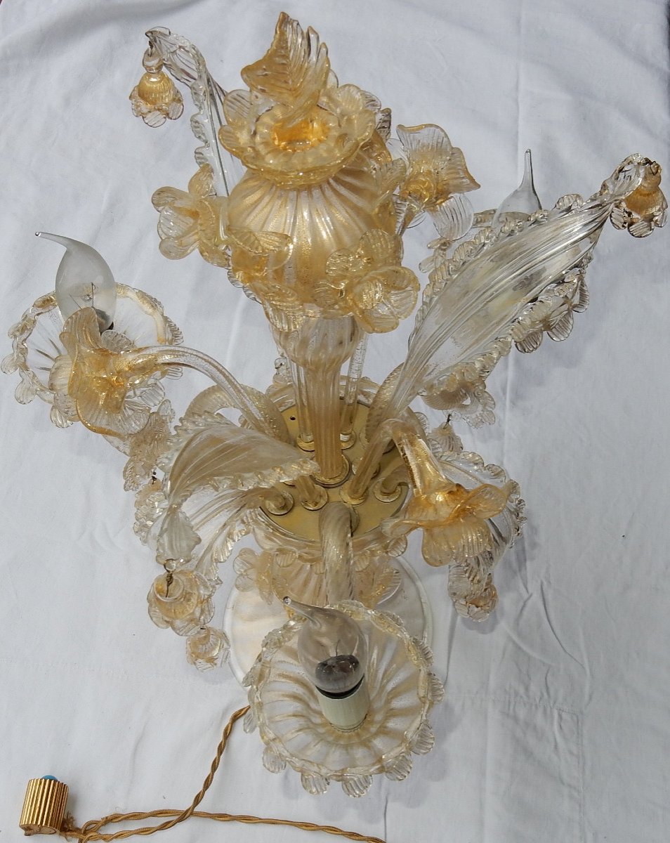 1950/70 ′ Murano Crystal Chandelier With Gold Leaves-photo-3