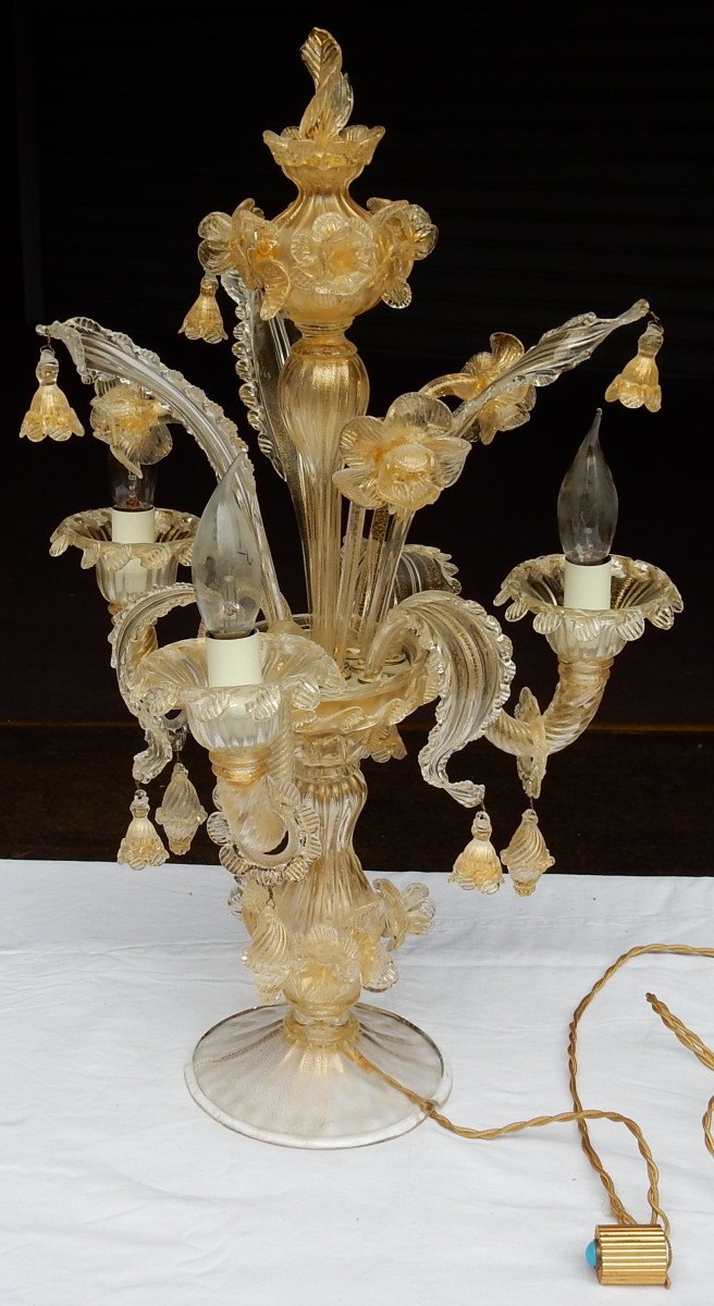 1950/70′ Chandelier En Cristal Murano à Feuilles D’or-photo-4