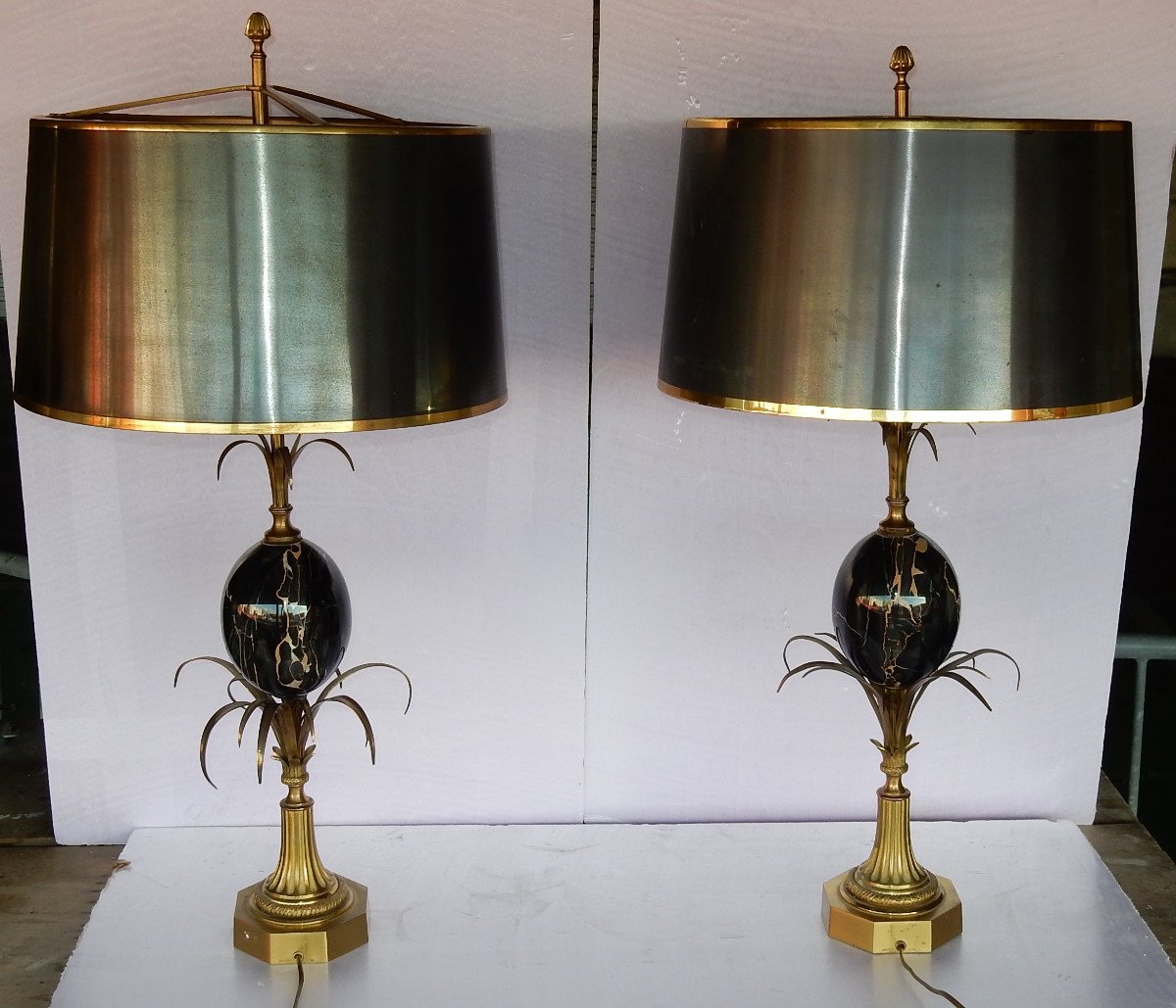 1950/70 Paire De Lampes En Bronze Et Œuf En Marbre Portor Signée Charles