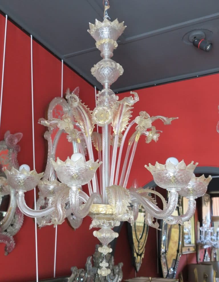 1900/20 Murano Crystal Chandelier With Gold Leaf Inclusions 6 Branches-photo-2