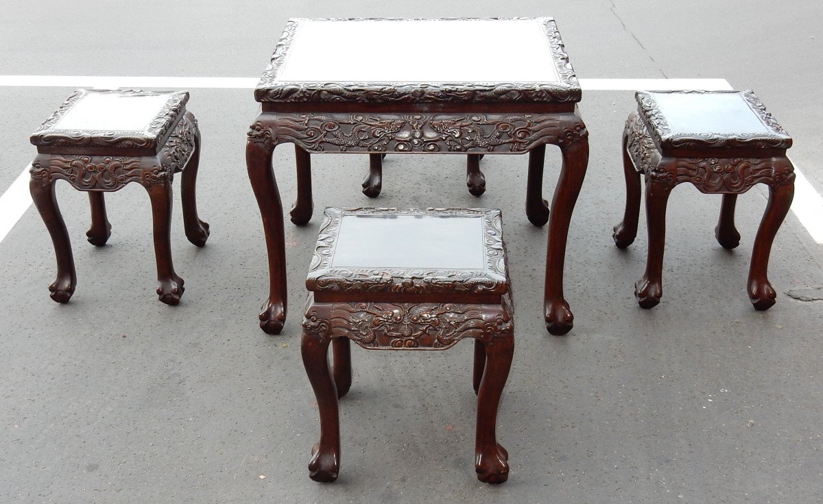 1920/1950 Table A Jeux Mahjong Chine Et Ses 4 Sièges Palissandre-photo-4
