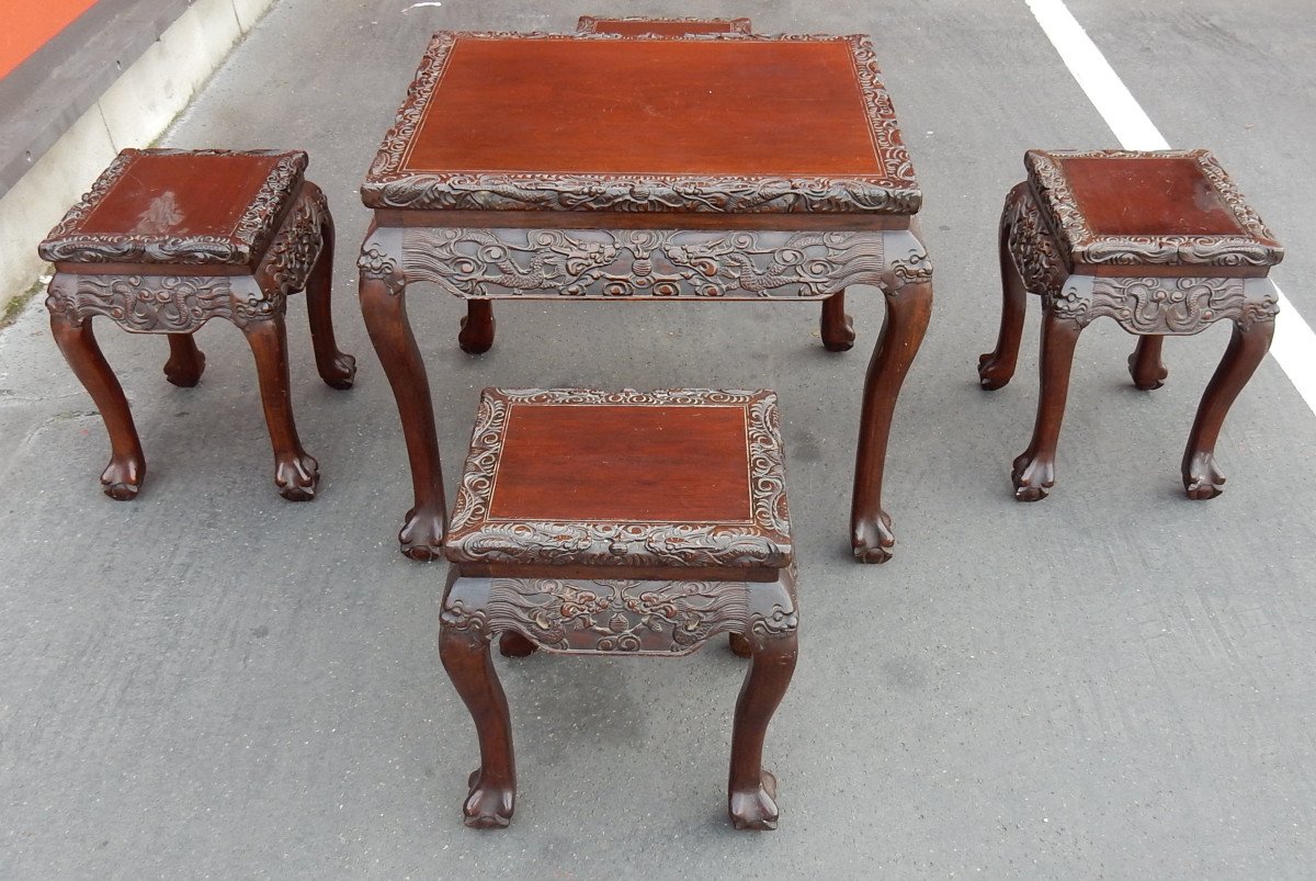 1920/1950 Table A Jeux Mahjong Chine Et Ses 4 Sièges Palissandre