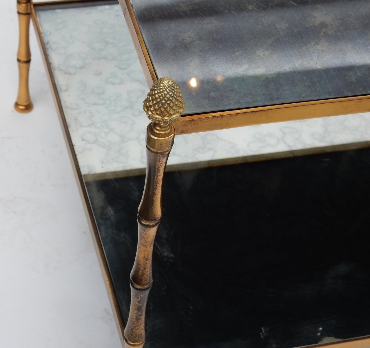 1970 'maison Baguès Coffee Table Bamboo Decor In Brass And Oxidized Mirror-photo-1