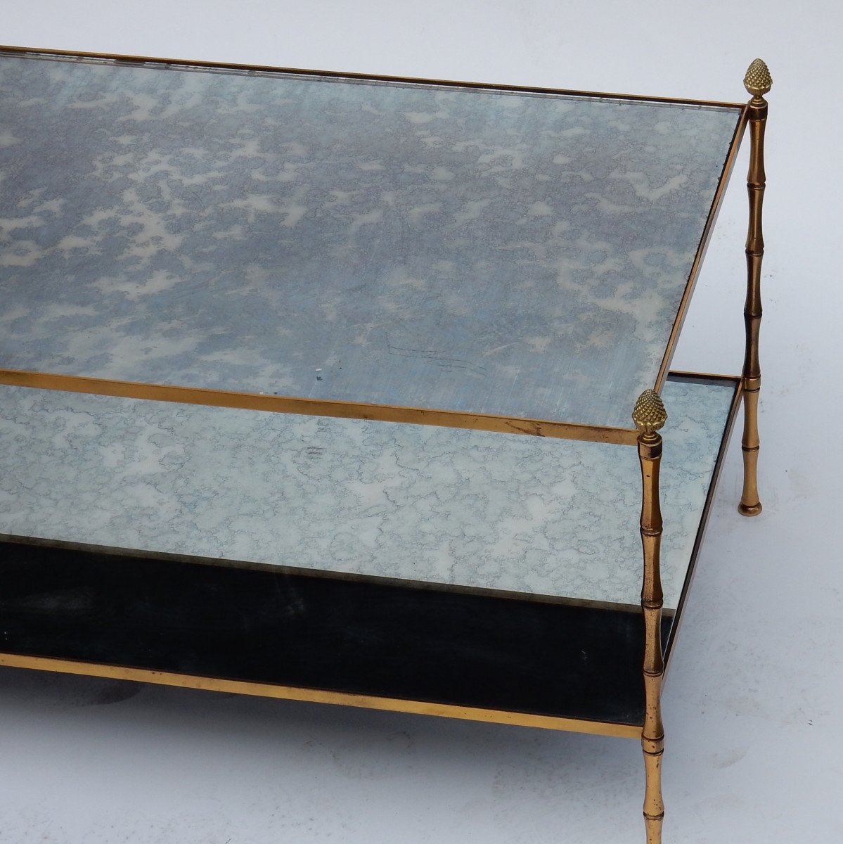 1970 'maison Baguès Coffee Table Bamboo Decor In Brass And Oxidized Mirror-photo-4
