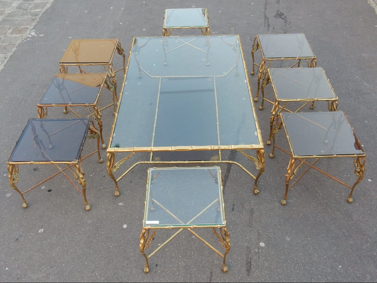 1950/70 ′ Bronze Coffee Table With Swans And Its 6 Ends Of Sofas 145 X 94 Cm