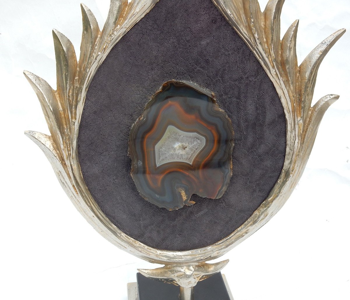 1970 ′ Lotus Decor Lamp, Silver Bronze, Shagreen, Agate, Duval Brasseur Unsigned-photo-4