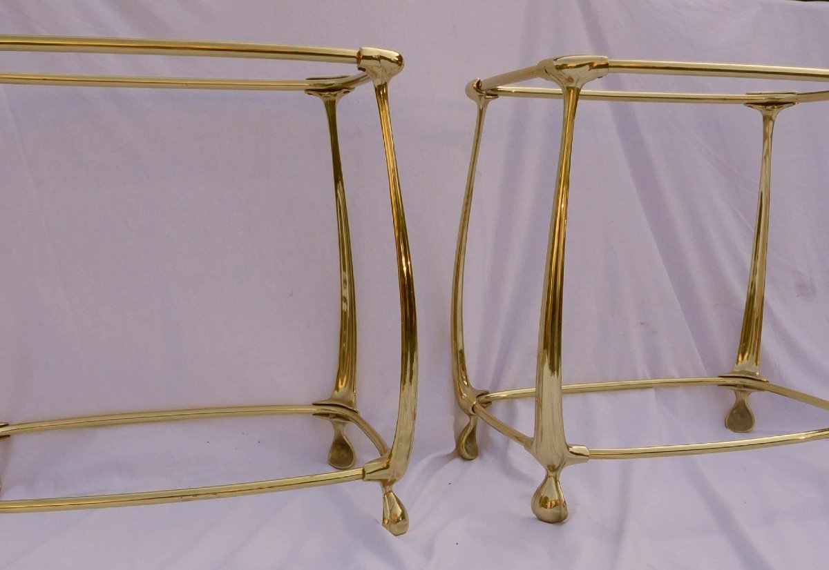 1970/80′ Paire De Tables En Bronze Doré à 2 Niveaux Style Art Nouveau Plateaux Verre Et Opaline-photo-2