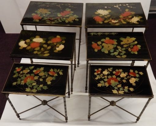 1970' Paire De Séries De 3 Tables Gigognes Style Maison Baguès Décor Bambou En Bronze Doré-photo-2