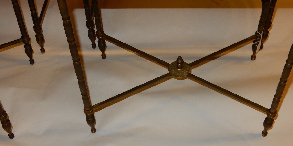 1970 'pair Of Series Of 3 Nesting Tables House Style Baguès Bamboo Decor In Gilt Bronze-photo-4
