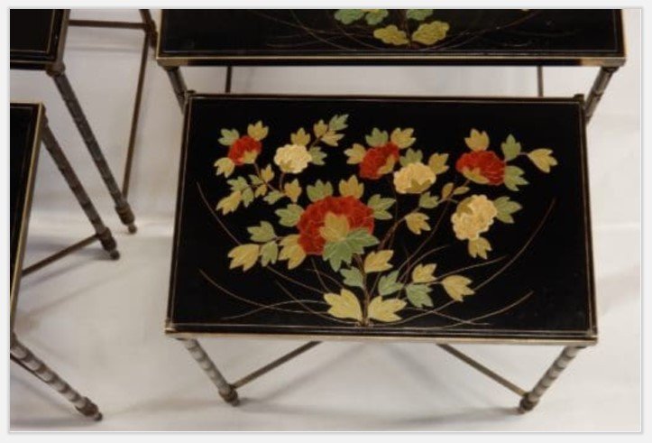 1970 'pair Of Series Of 3 Nesting Tables House Style Baguès Bamboo Decor In Gilt Bronze-photo-3