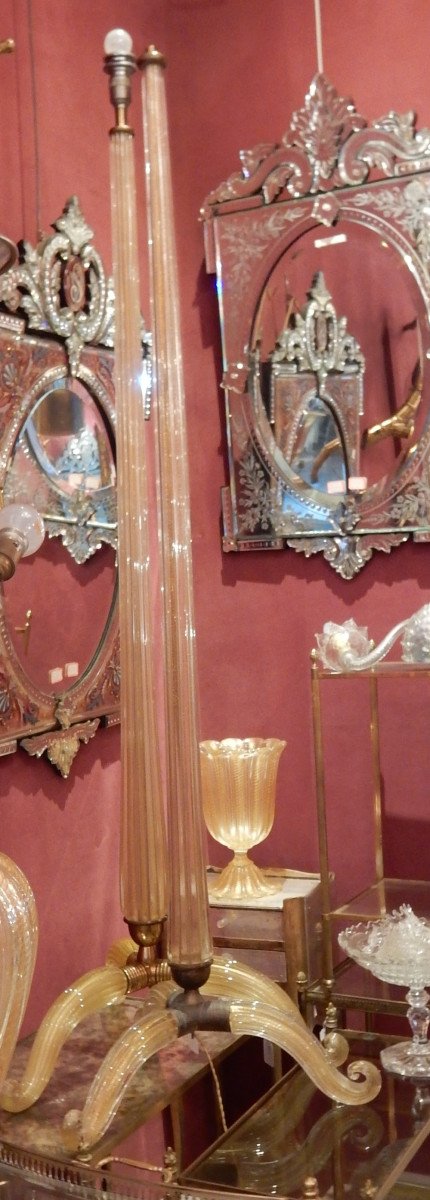 1950/70 Pair Of Floor Lamps Or Similar Tripod Barovier & Toso With Gold Paillons-photo-1