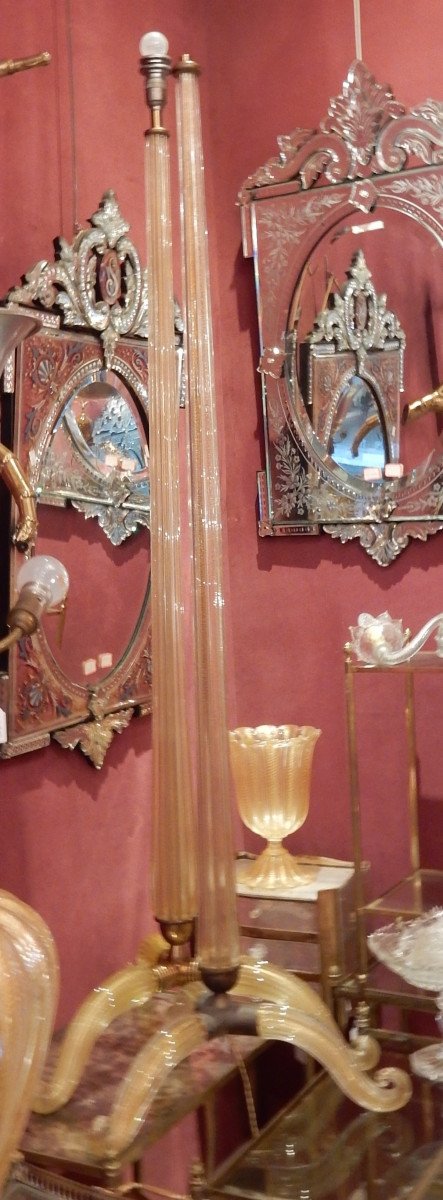 1950/70 Pair Of Floor Lamps Or Similar Tripod Barovier & Toso With Gold Paillons-photo-2
