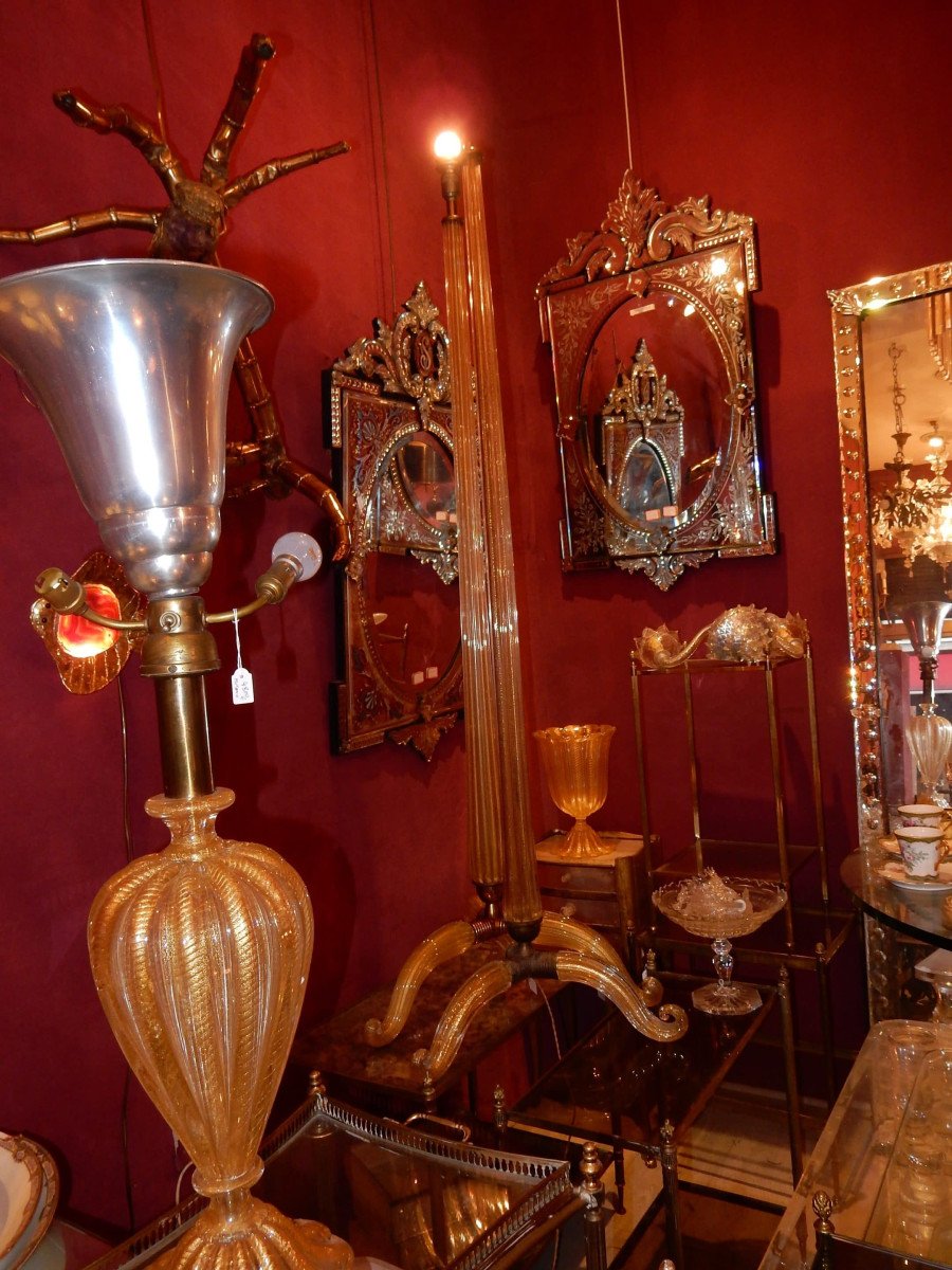 1950/70 Pair Of Floor Lamps Or Similar Tripod Barovier & Toso With Gold Paillons-photo-4