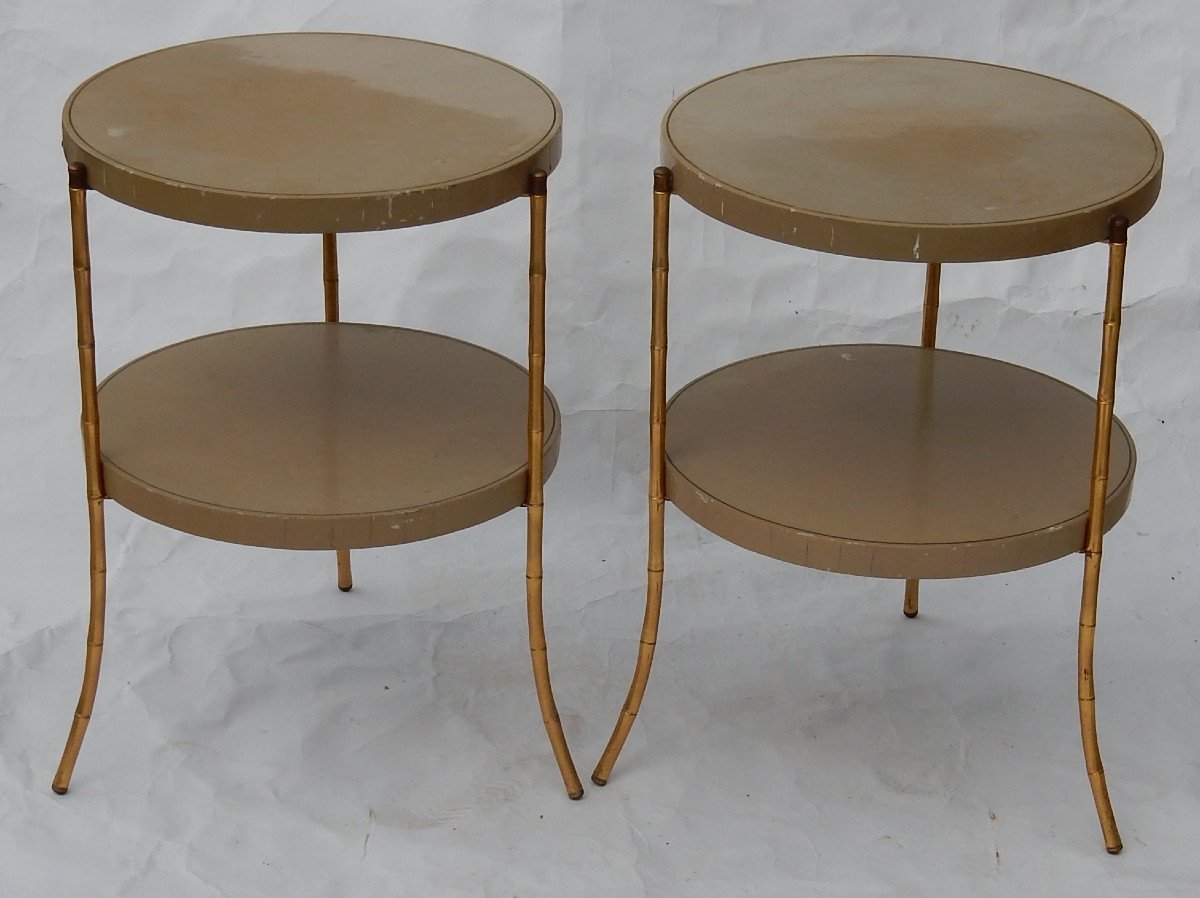 1970/80 ′ Pair Of Tripod Pedestals Bamboo Decor, Lacquered Trays Style Maison Jansen D: 43 Cm-photo-2