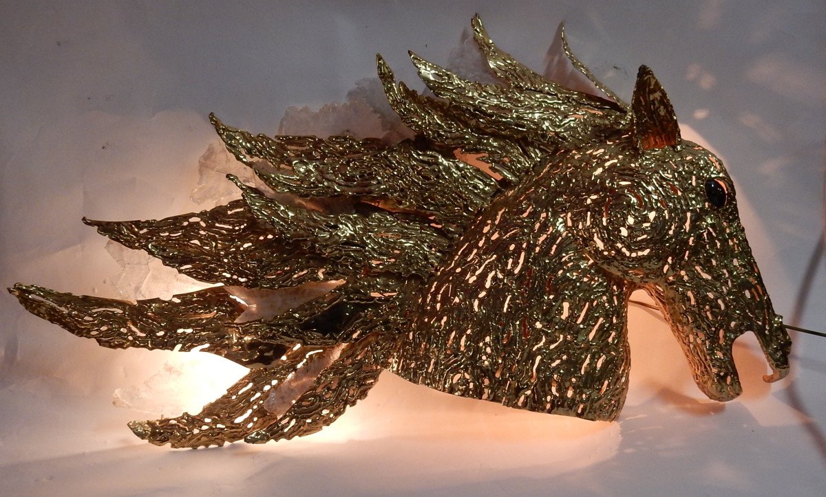 1990' Applique Éclairante Tête De Cheval En Bronze Doré Et Gypse Style Duval Brasseur