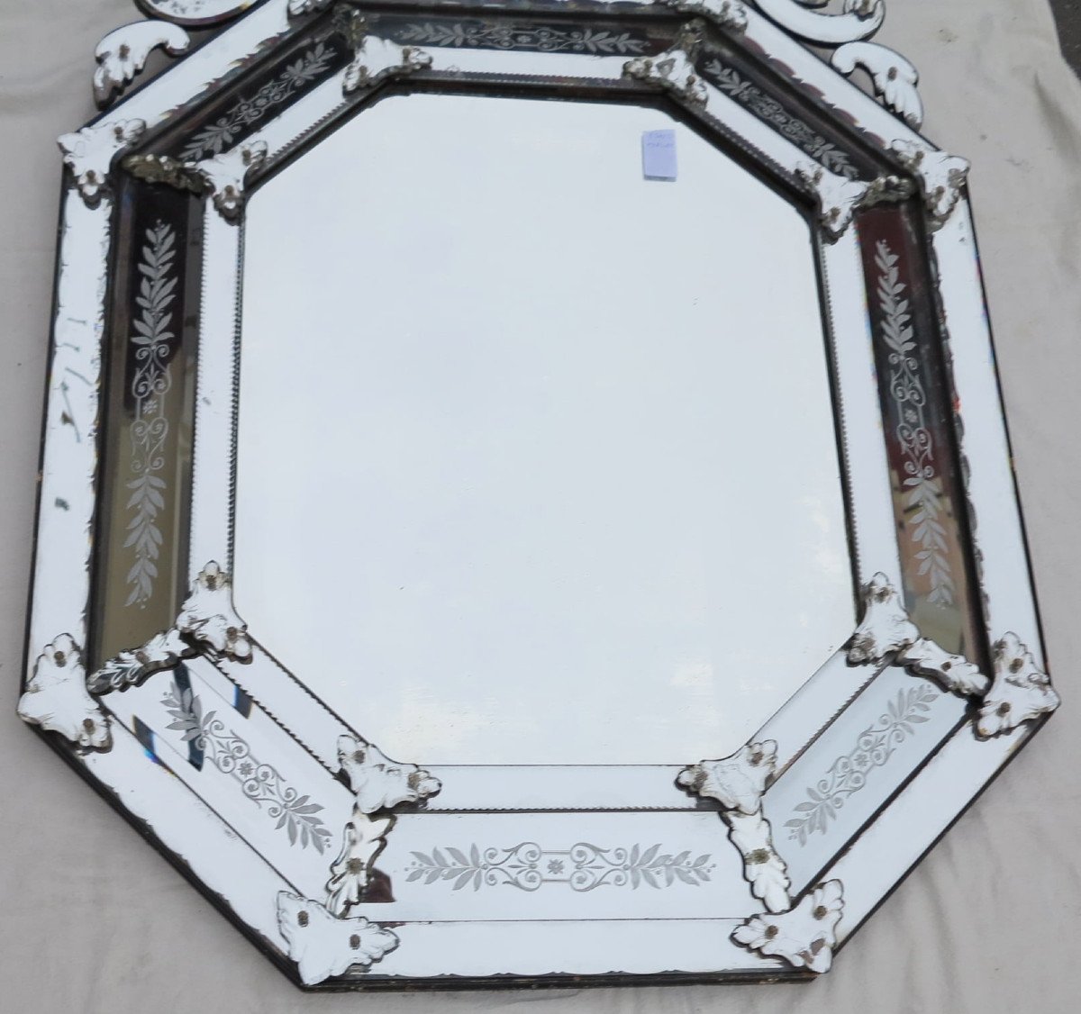 Miroir Venise Octogonal à Fronton Tain Mercure Avec Fleurs Gravées-photo-3