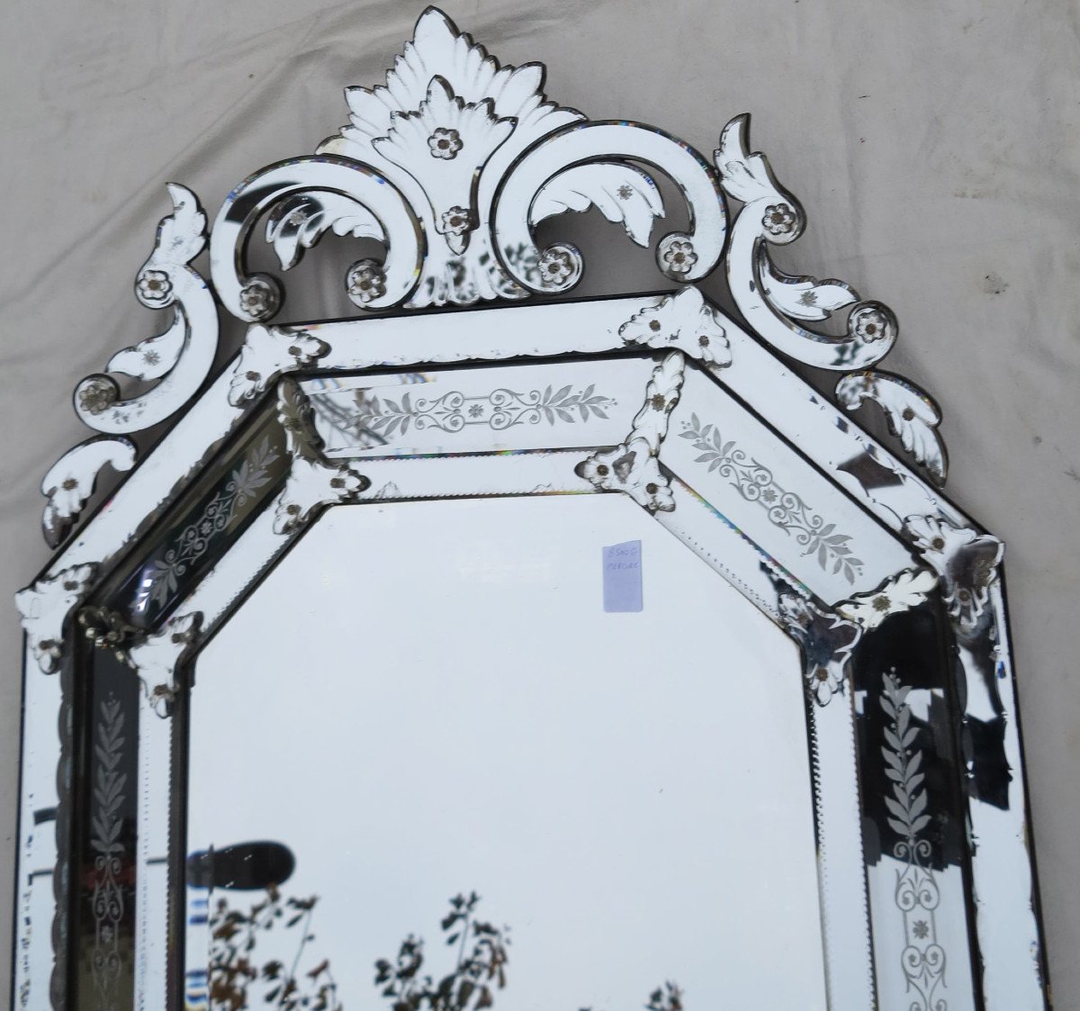Miroir Venise Octogonal à Fronton Tain Mercure Avec Fleurs Gravées-photo-2