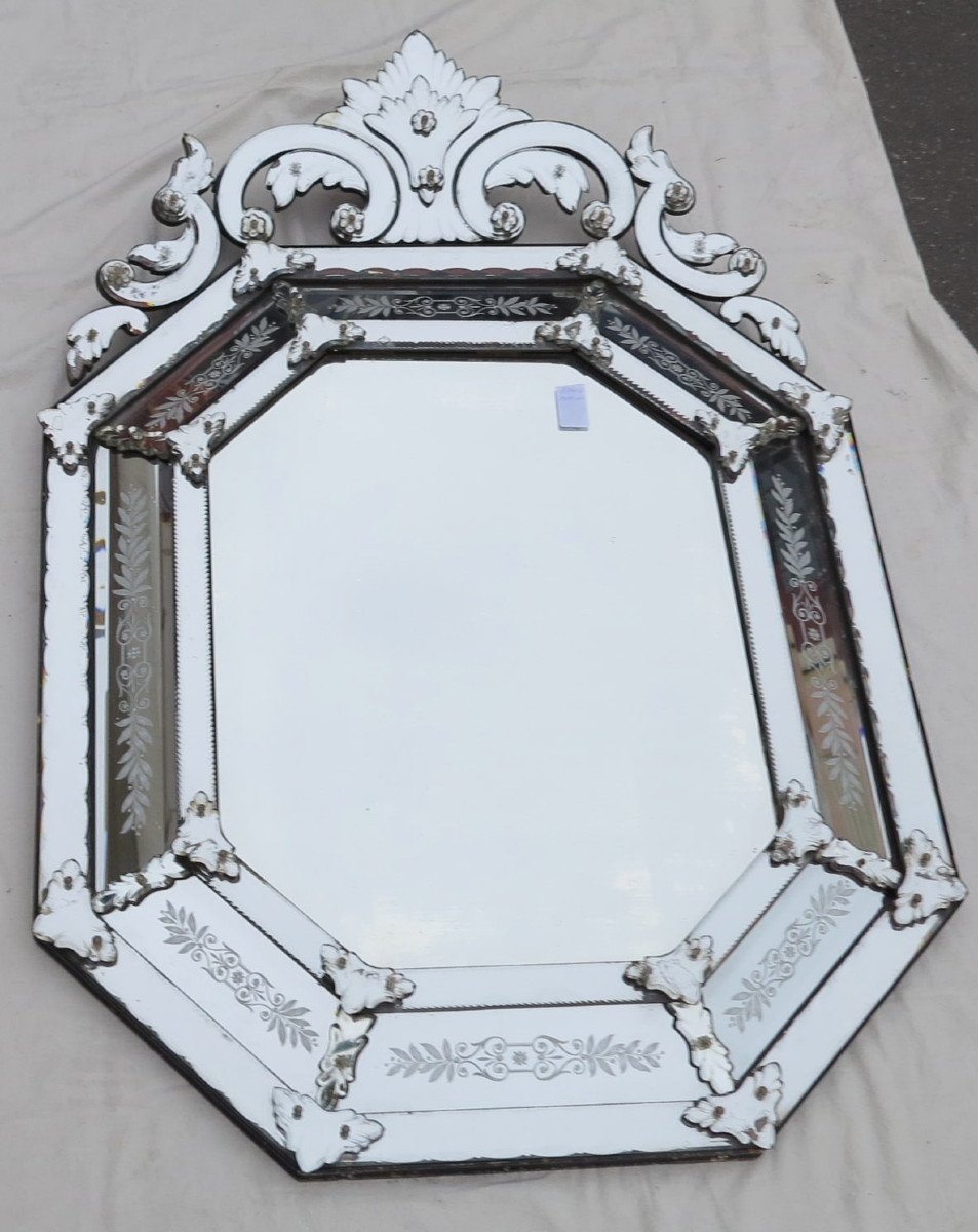 Miroir Venise Octogonal à Fronton Tain Mercure Avec Fleurs Gravées