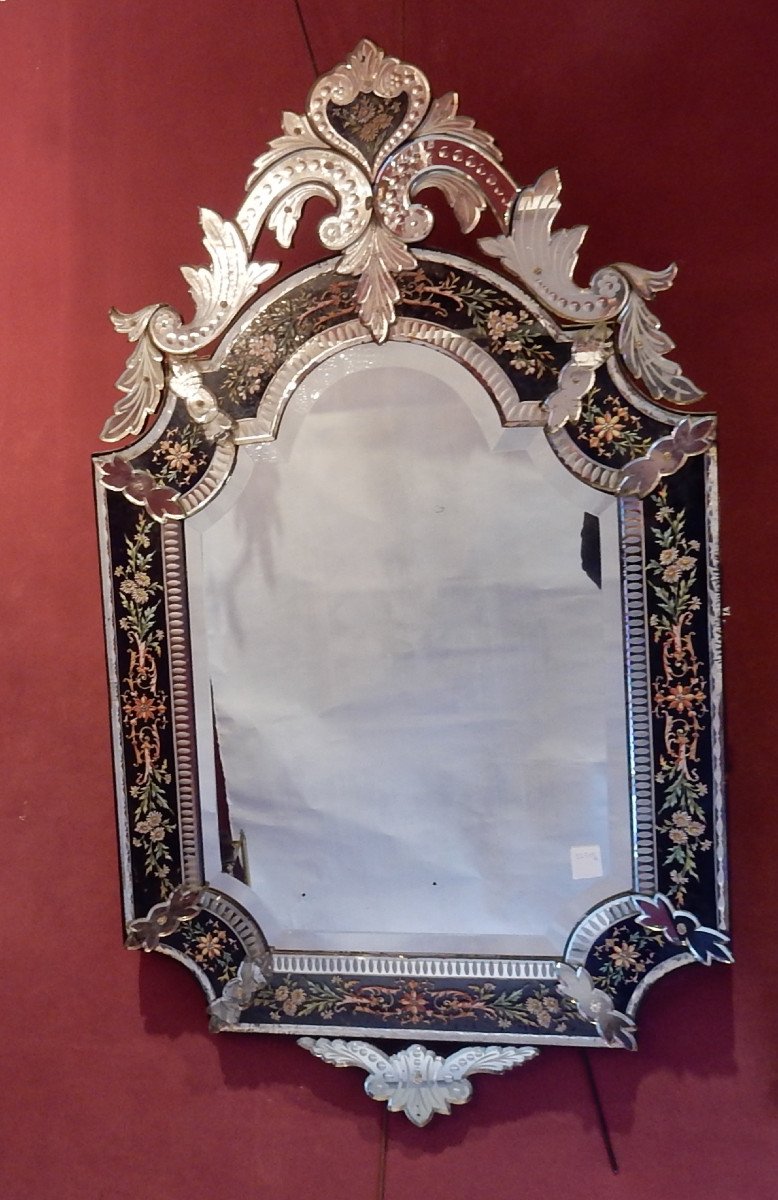 1880/1900' Miroir Napoléon III à Fronton, Cadre En Verre Bleu Orné De Fleurs Emaillées St Lxiv