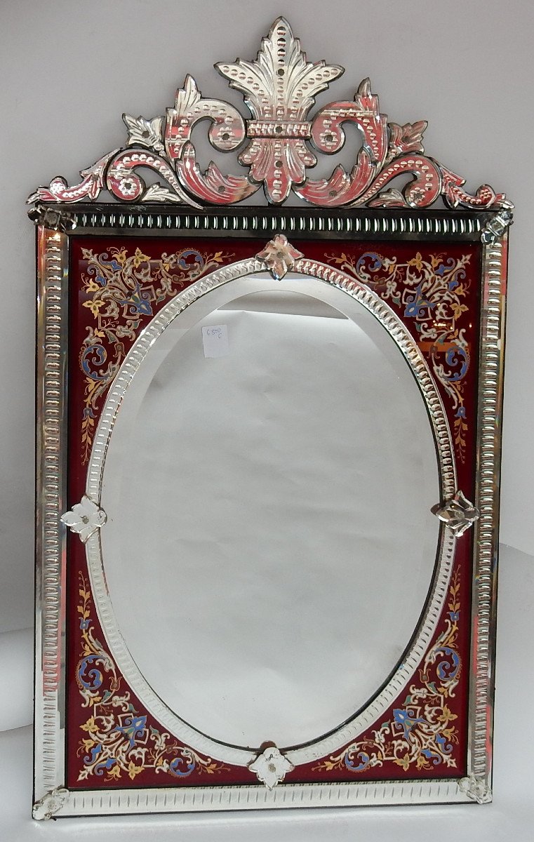 1880/1900′ Miroir Venise Rectangulaire à Fronton Avec Cadre En Verre Orné De Fleurs Emaillées